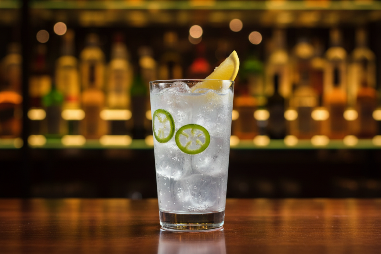 GIN AND TONIC WITH JALAPENO AND LEMON WEDGE, TAKEN IN PROFESSIONAL COCKTAIL BAR SETTING